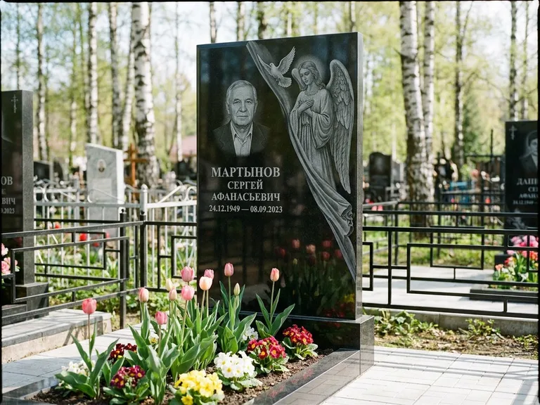 Памятник с гравировкой ангела — гравировка двух ангелов по сторонам портрета, работа «Касаткин» в Воронеже
