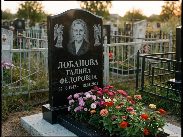 Памятник с гравировкой ангела — гравировка двух ангелов по сторонам портрета, работа «Лобанова» в Воронеже