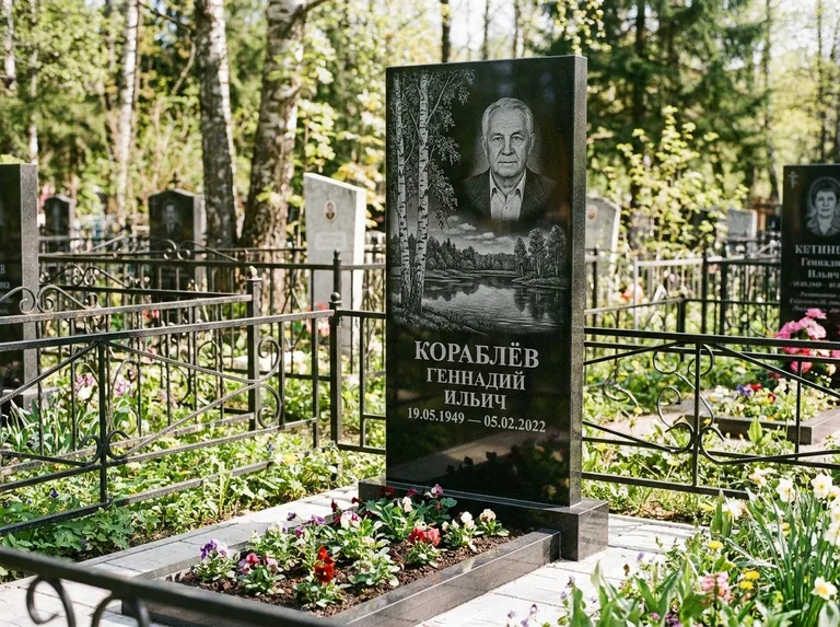 Памятник с гравировкой берёзы — гравировка берёзы у зеркального озера, работа «Кораблёв» в Воронеже