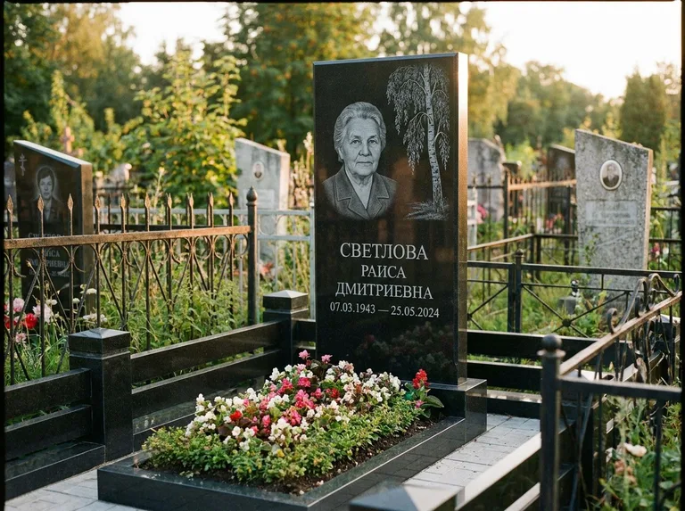 Памятник с гравировкой берёзы — гравировка плакучей берёзы с тонкими ветвями, работа «Светлова» в Воронеже