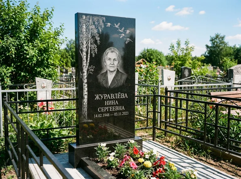Памятник с гравировкой берёзы — гравировка берёзы с журавлиным клином в небе, работа «Журавлёва» в Воронеже