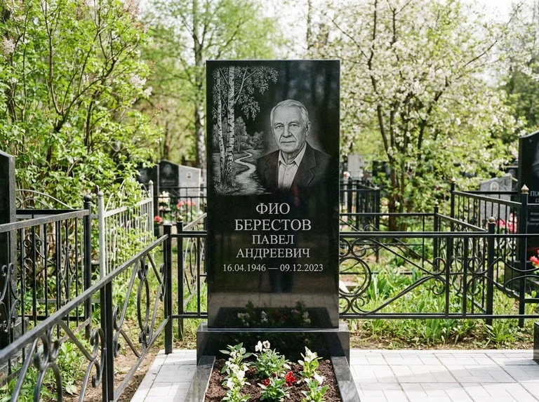 Памятник с гравировкой берёзы — гравировка берёзы у тропинки, уходящей вдаль, работа «Берестов» в Воронеже