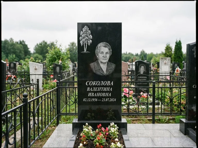 Памятник с гравировкой берёзы — гравировка одинокой берёзы над именем, работа «Соколова» в Воронеже