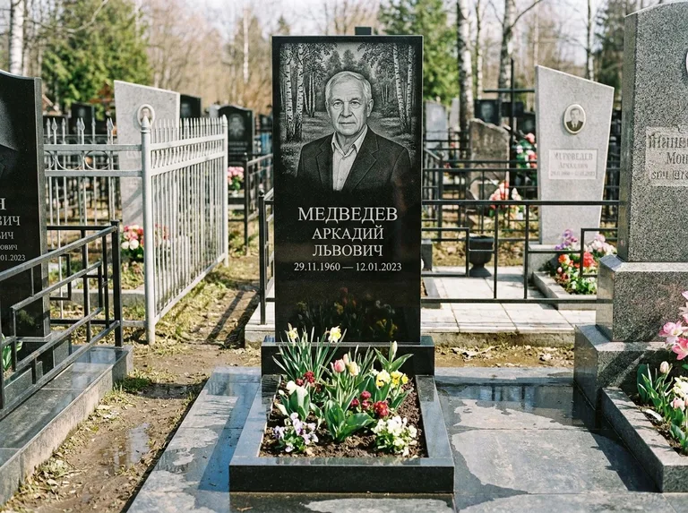 Памятник с гравировкой берёзы — гравировка берёзовой рощи в глубину, работа «Медведев» в Воронеже