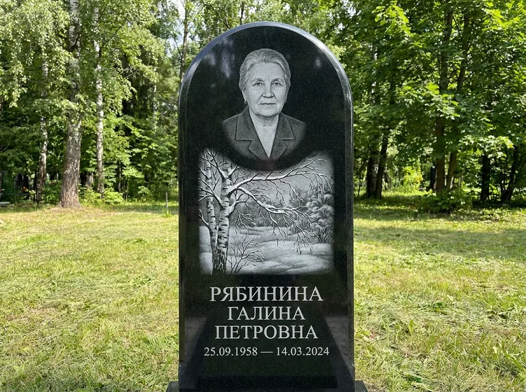 Памятник с гравировкой берёзы: стела с плавным арочным верхом — зимняя берёза, снег на ветвях, газон без ограды, стриженая трава, работа «Рябинина» в Воронеже