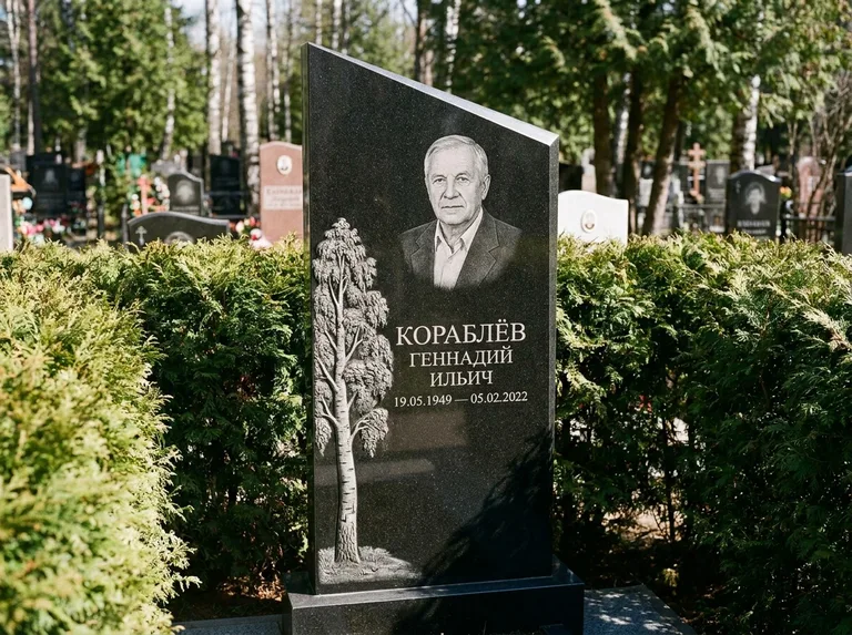 Памятник с гравировкой берёзы: асимметричная скошенная стела — объёмная одинокая берёза с фактурной корой, живая изгородь из туи, работа «Кораблёв» в Воронеже