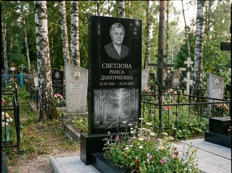 Памятник с гравировкой берёзы: двойная семейная стела — берёзовая роща в лёгкой дымке, цветник с полевыми цветами, работа «Светлова» в Воронеже