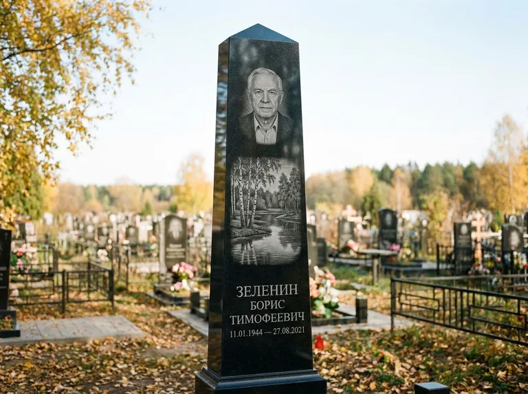 Памятник с гравировкой берёзы: гранёный обелиск-колонна — берёза у воды с отражением, открытый участок, мягкий свет, работа «Зеленин» в Воронеже
