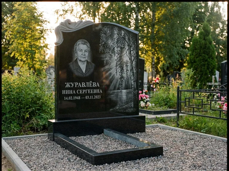 Памятник с гравировкой берёзы: стела с фигурным резным верхом — плакучая берёза в контровом свете, гравийная отсыпка, рассвет, работа «Журавлёва» в Воронеже