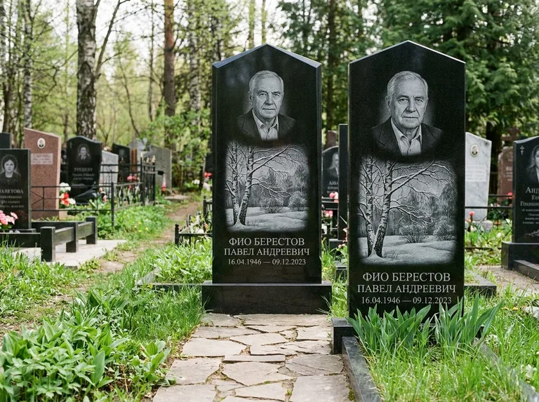 Памятник с гравировкой берёзы: массивная стела с двускатным навершием — зимняя берёза, снег на ветвях, дорожка из природного плитняка, работа «Берестов» в Воронеже