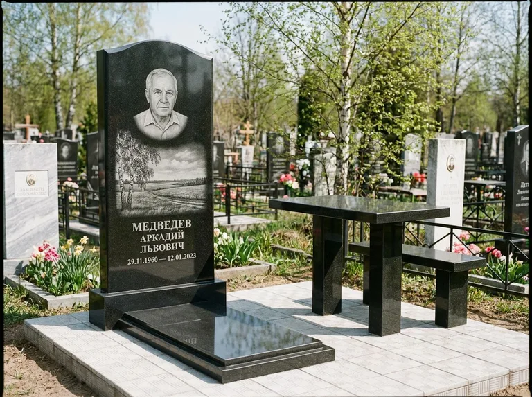 Памятник с гравировкой берёзы: стела с гранитным столиком и скамьёй — берёза у поля, простор до горизонта, семейный участок с плиткой, работа «Медведев» в Воронеже