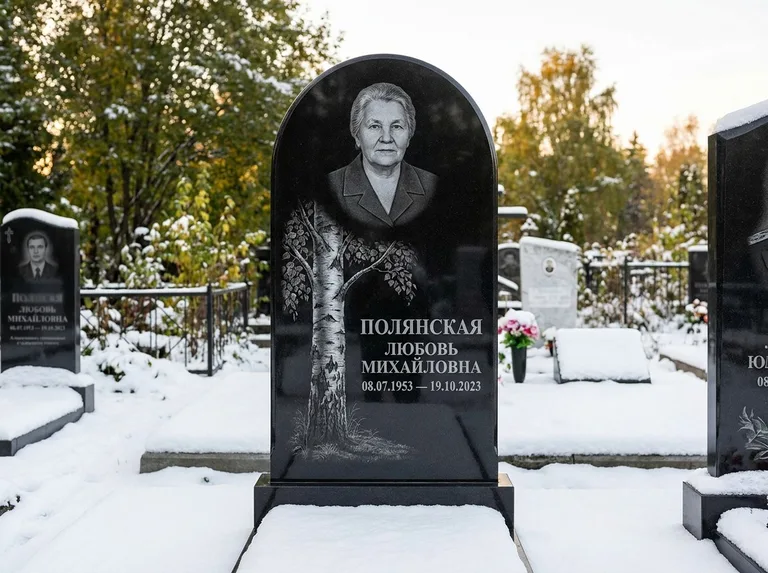Памятник с гравировкой берёзы: полукруглая стела — объёмная одинокая берёза с фактурной корой, заснеженный зимний участок, работа «Полянская» в Воронеже