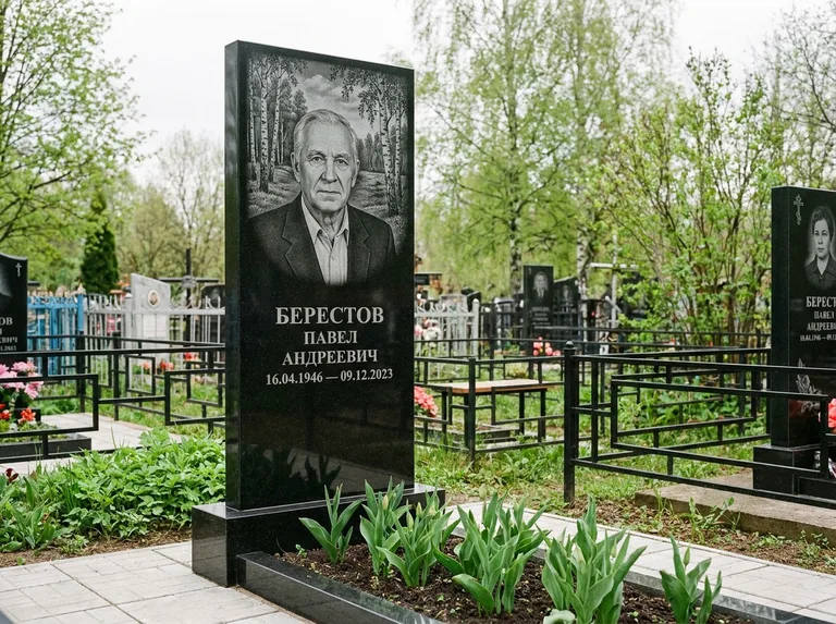 Памятник с гравировкой берёзы — гравировка берёзовой рощи в глубину, работа «Берестов» в Воронеже