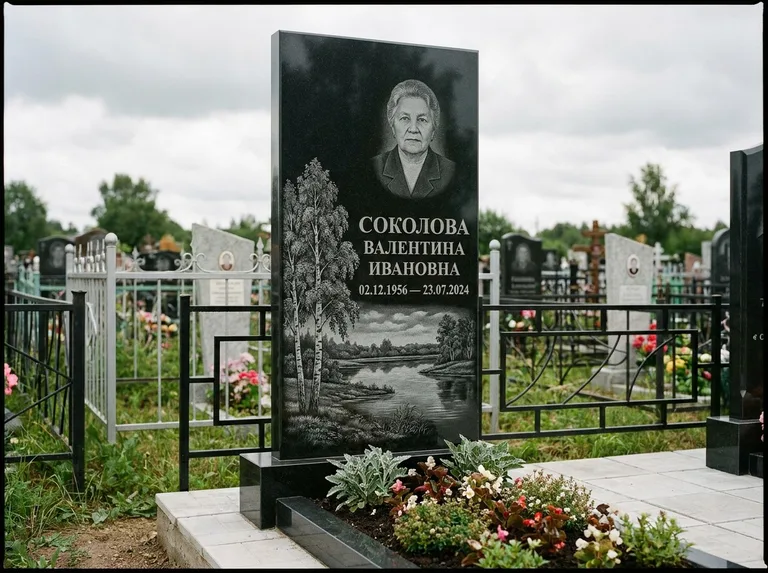 Памятник с гравировкой берёзы — гравировка берёзы у зеркального озера, работа «Соколова» в Воронеже