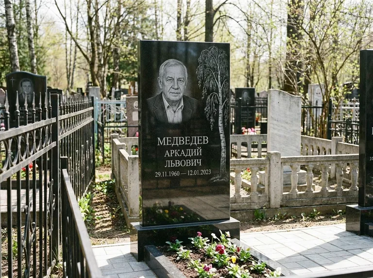 Памятник с гравировкой берёзы — гравировка плакучей берёзы с тонкими ветвями, работа «Медведев» в Воронеже