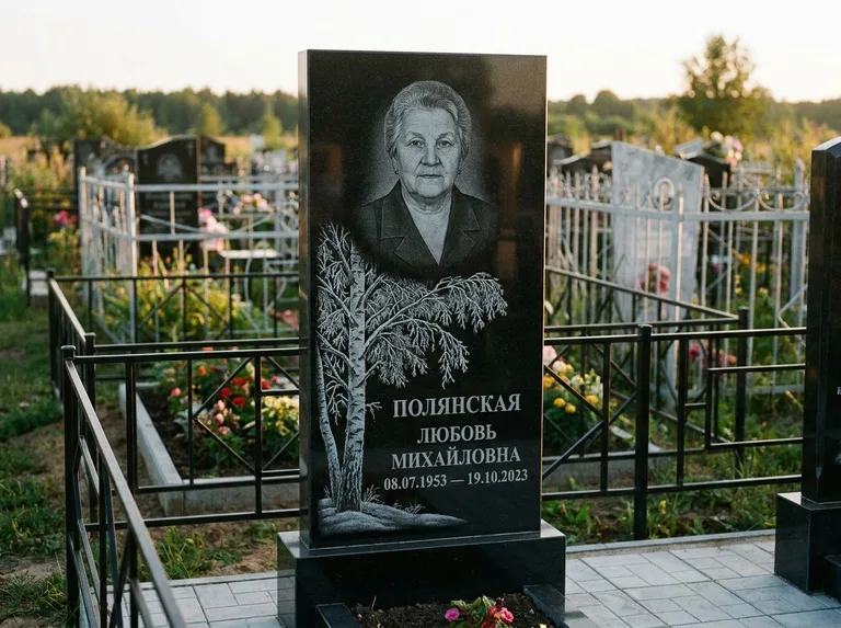 Памятник с гравировкой берёзы — гравировка зимней берёзы в инее, работа «Полянская» в Воронеже