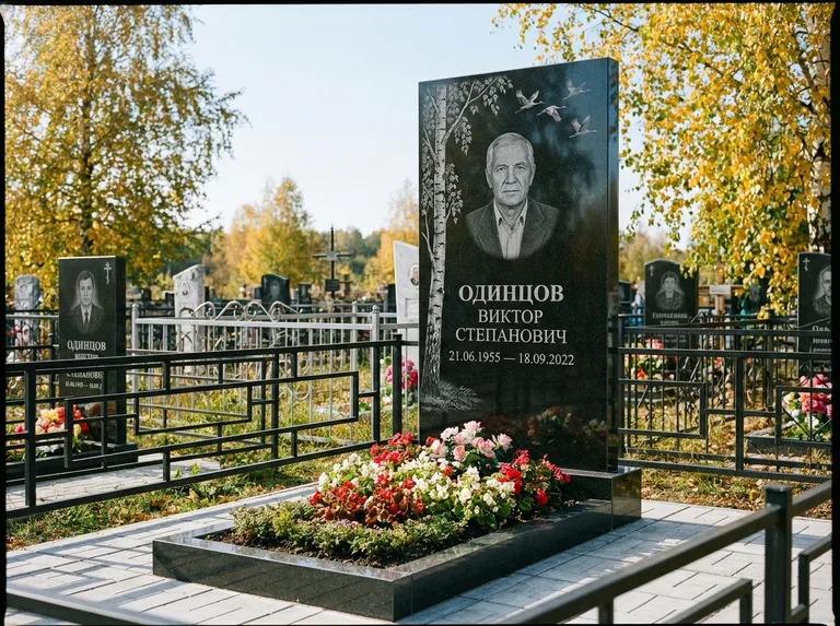 Памятник с гравировкой берёзы — гравировка берёзы с журавлиным клином в небе, работа «Одинцов» в Воронеже