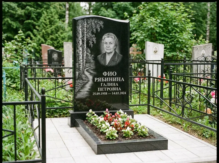Памятник с гравировкой берёзы — гравировка берёзы у тропинки, уходящей вдаль, работа «Рябинина» в Воронеже