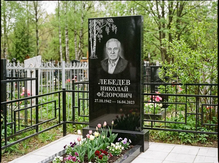 Памятник с гравировкой берёзы — гравировка одинокой берёзы над именем, работа «Лебедев» в Воронеже