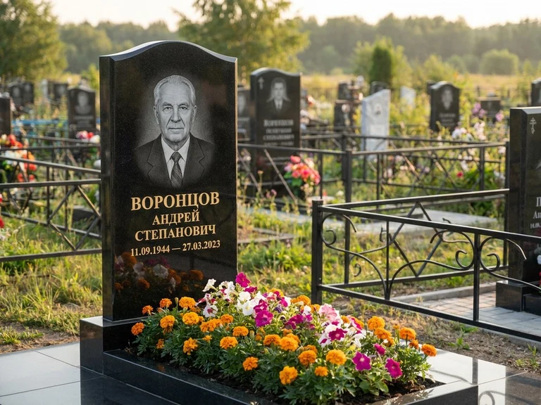 Гравировка фото на памятнике в Воронеже — готовый гравированный портрет на чёрном граните