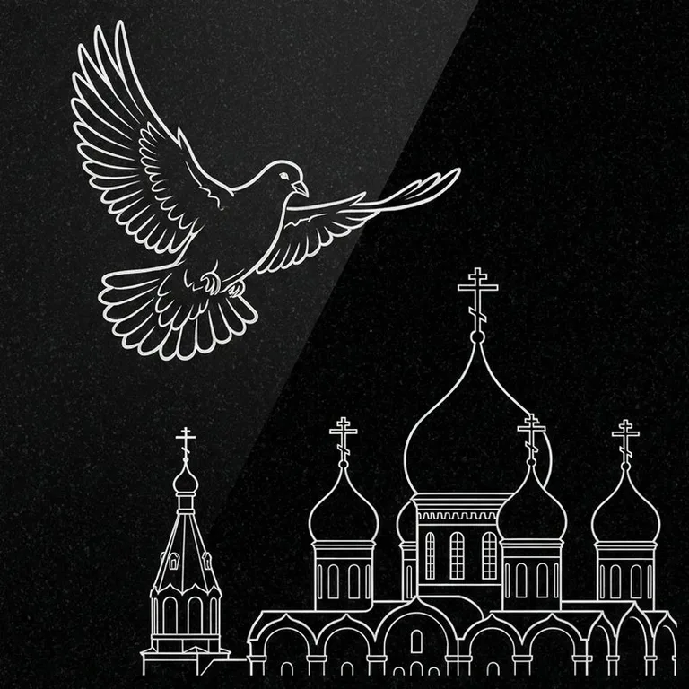 Эскиз гравировки голубей на памятник — голубь в небе над храмом в Воронеже
