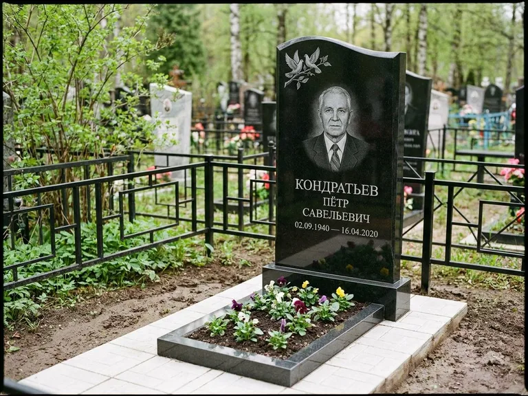 Памятник с гравировкой голубей — гравировка пары голубей на ветке в верхнем углу стелы, работа «Кондратьев» в Воронеже