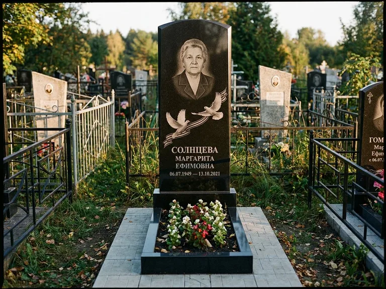 Памятник с гравировкой голубей — гравировка двух летящих голубей с лентой по диагонали стелы, работа «Солнцева» в Воронеже