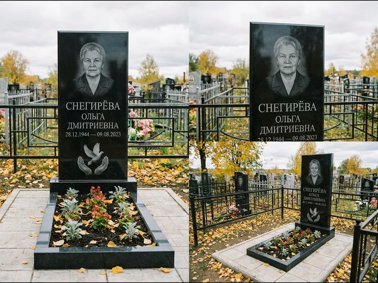 Памятник с гравировкой голубей — гравировка голубя над раскрытыми ладонями внизу стелы, работа «Снегирёва» в Воронеже