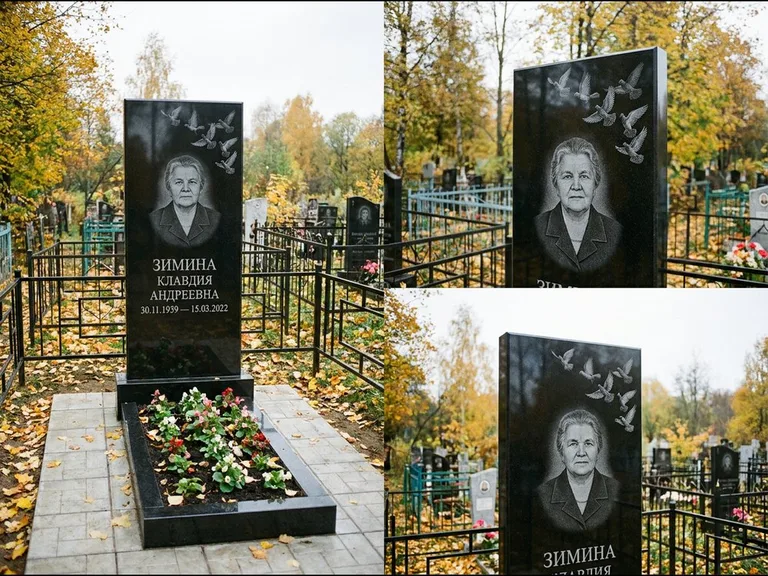 Памятник с гравировкой голубей — гравировка стаи голубей, взлетающей от угла стелы, работа «Зимина» в Воронеже