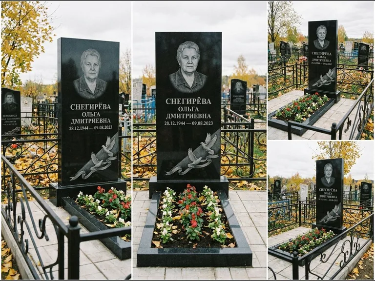Памятник с гравировкой голубей — гравировка двух летящих голубей с лентой по диагонали стелы, работа «Снегирёва» в Воронеже