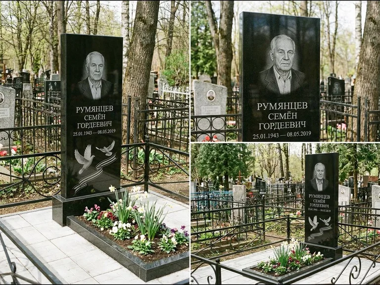 Памятник с гравировкой голубей — гравировка двух летящих голубей с лентой по диагонали стелы, работа «Румянцев» в Воронеже