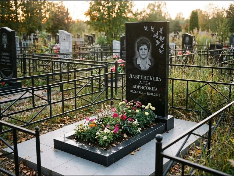 Памятник с гравировкой голубей — гравировка стаи голубей, взлетающей от угла стелы, работа «Лаврентьева» в Воронеже