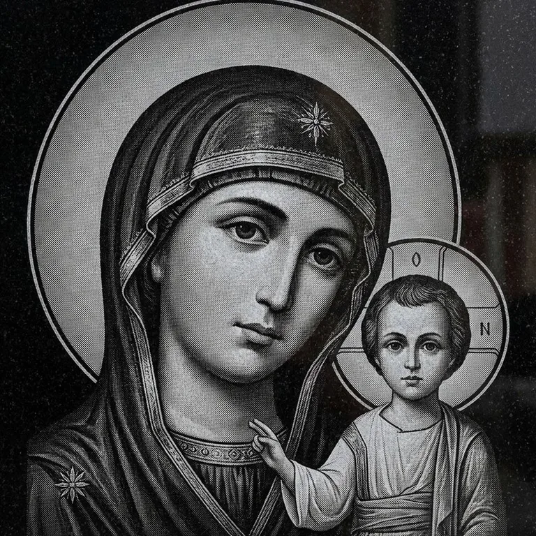 Эскиз иконы: Казанская (полутон) — детальный образ Богородицы, гравировка на памятник в Воронеже