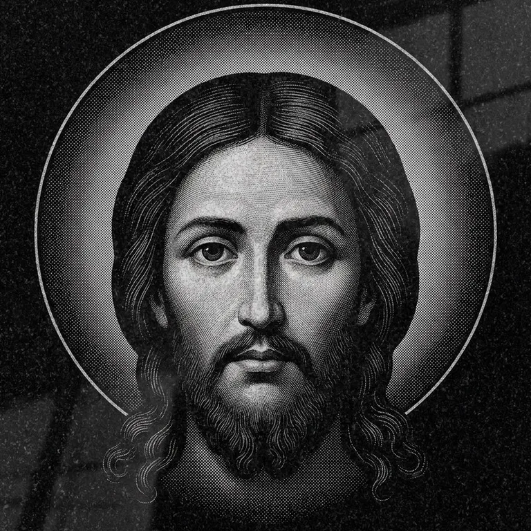 Эскиз иконы: Спас Нерукотворный (полутон) — детальный лик на убрусе, гравировка на памятник в Воронеже