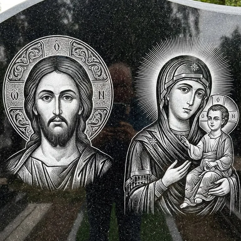 Эскиз иконы: Спаситель и Богородица — парные образы симметрично, гравировка на памятник в Воронеже