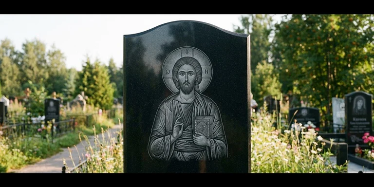 Иконы для гравировки на памятник в Воронеже — образ на стеле из чёрного гранита с ручной доводкой лика