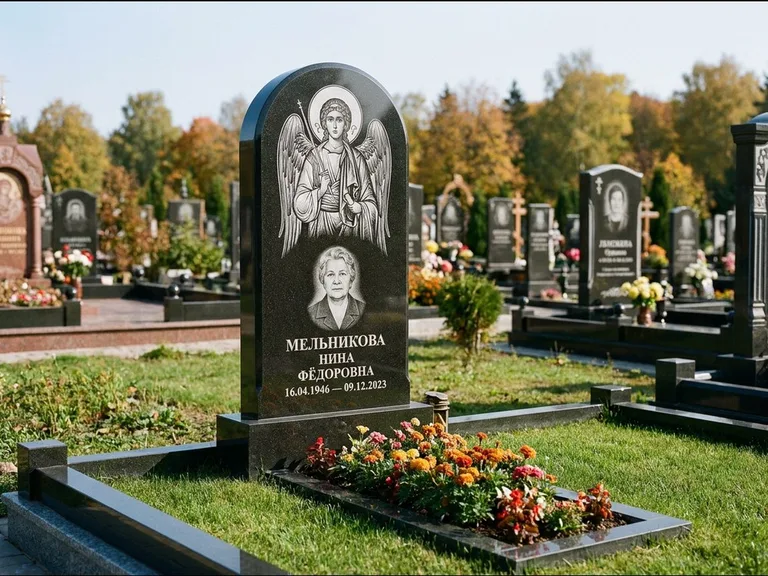 Памятник с гравировкой иконы — икона над портретом усопшего, работа «Журавлёв» в Воронеже