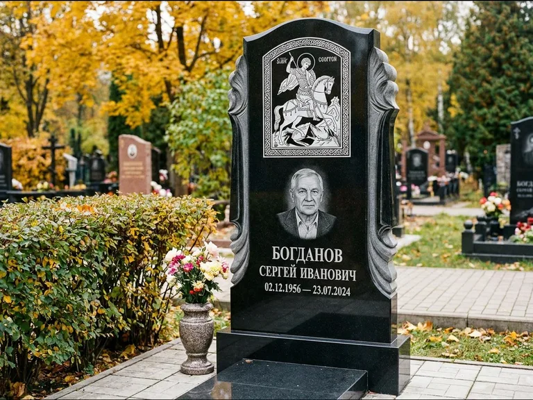 Памятник с гравировкой иконы — икона Спаса Вседержителя над именем усопшего, работа «Лебедева» в Воронеже