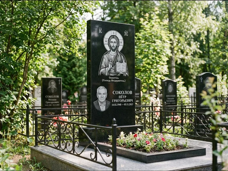 Памятник с гравировкой иконы — икона Спаса Вседержителя над именем усопшего, работа «Воронцова» в Воронеже
