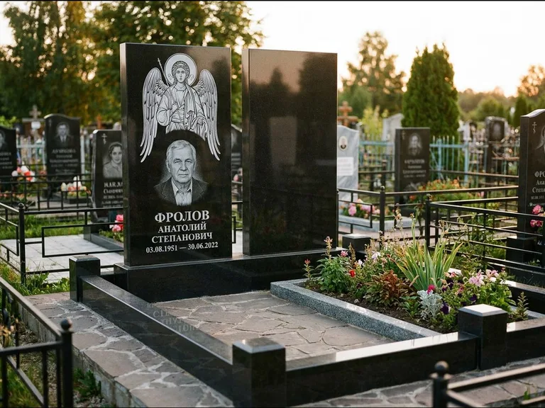 Памятник с гравировкой иконы: стела с резной рамкой вокруг иконы — Архангел Михаил на стеле, белая мраморная крошка с бордюром, работа «Богданова» в Воронеже