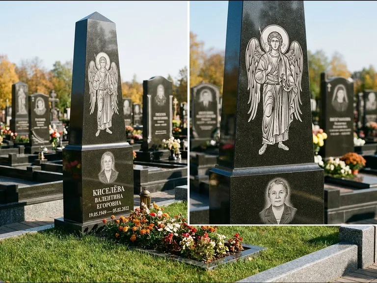 Памятник с гравировкой иконы: асимметричная скошенная стела — гравировка образа Спасителя, живая изгородь из кустарника, работа «Третьяков» в Воронеже