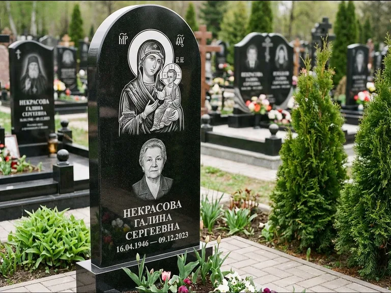 Памятник с гравировкой иконы: фигурная стела с киот-нишей под икону — икона в резной рамке-киоте, светлая гравийная отсыпка, работа «Журавлёв» в Воронеже