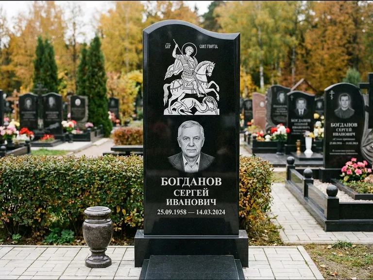 Памятник с гравировкой иконы: монументальный семейный мемориал из двух стел на общем цоколе — гравировка Николая Чудотворца, мощёная гранитная площадка без ограды, работа «Раевская» в Воронеже