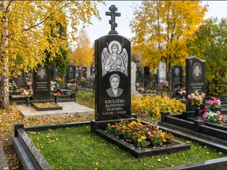 Памятник с гравировкой иконы — образ в полный рост на обороте стелы, работа «Гущин» в Воронеже