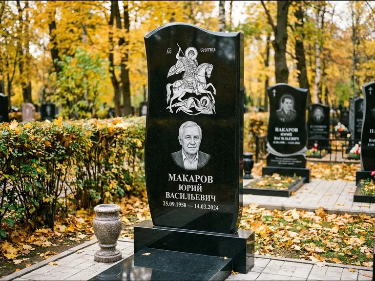 Памятник с гравировкой иконы — икона над портретом усопшего, работа «Раевская» в Воронеже