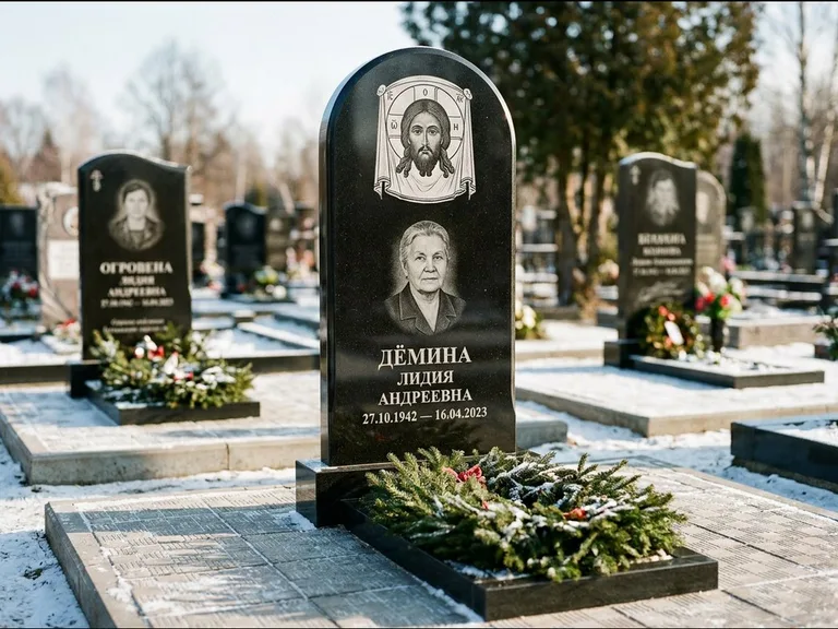 Памятник с гравировкой иконы — икона Спаса Вседержителя над именем усопшего, работа «Ковалёв» в Воронеже