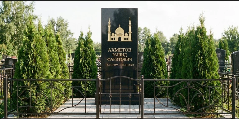 Гравировка мечети на памятник в Воронеже — стела из чёрного гранита, оформление по канонам ислама