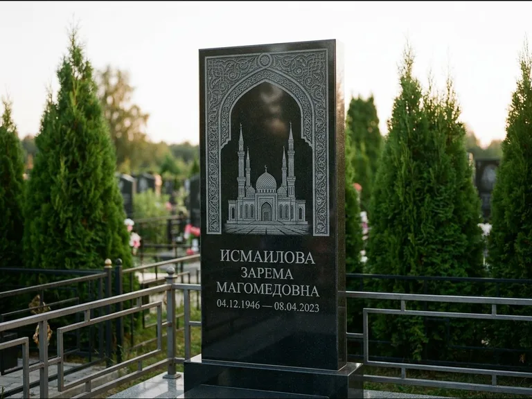Мусульманский памятник с гравировкой мечети — мечеть в восточной арке с орнаментом, работа «Исмаилова» в Воронеже
