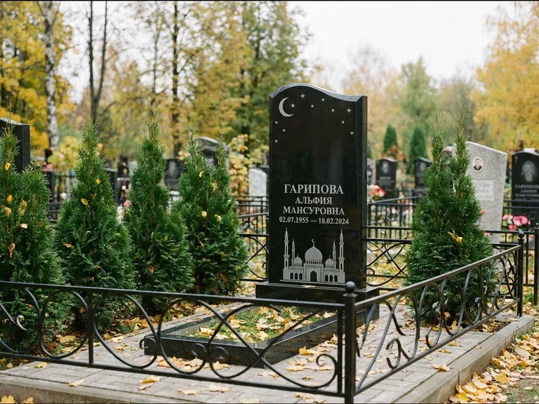 Мусульманский памятник с гравировкой мечети — мечеть с луной в ночном небе, работа «Гарипова» в Воронеже