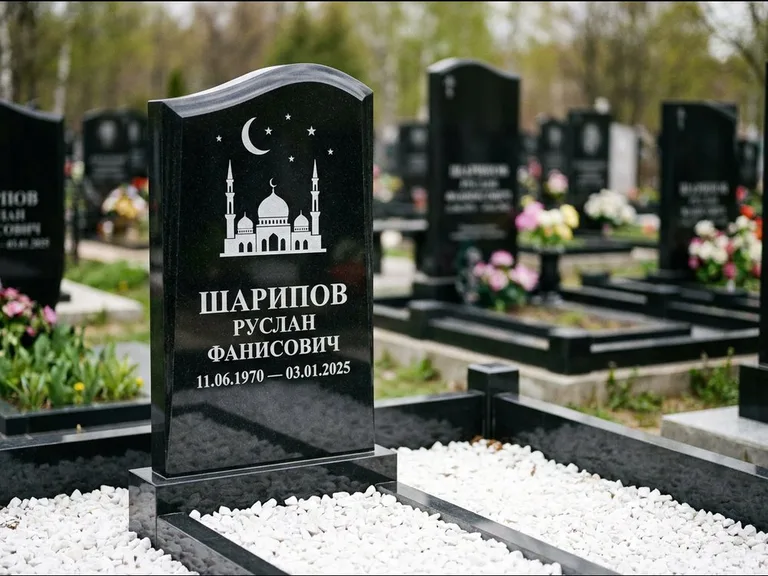 Мусульманский памятник с гравировкой мечети: стела с волнообразным скошенным верхом — гравировка мечети под полумесяцем и звёздами, белая мраморная крошка с бордюром, работа «Шарипов» в Воронеже
